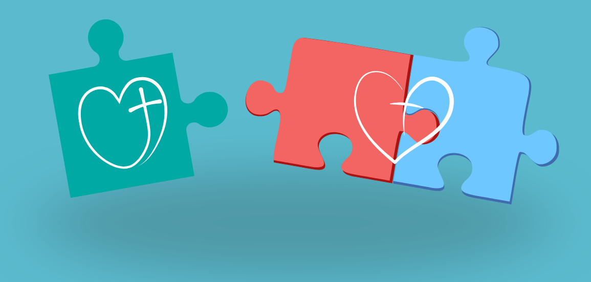 Conceptual illustration of singleness and marriage represented as connecting puzzle pieces with cross and heart symbols